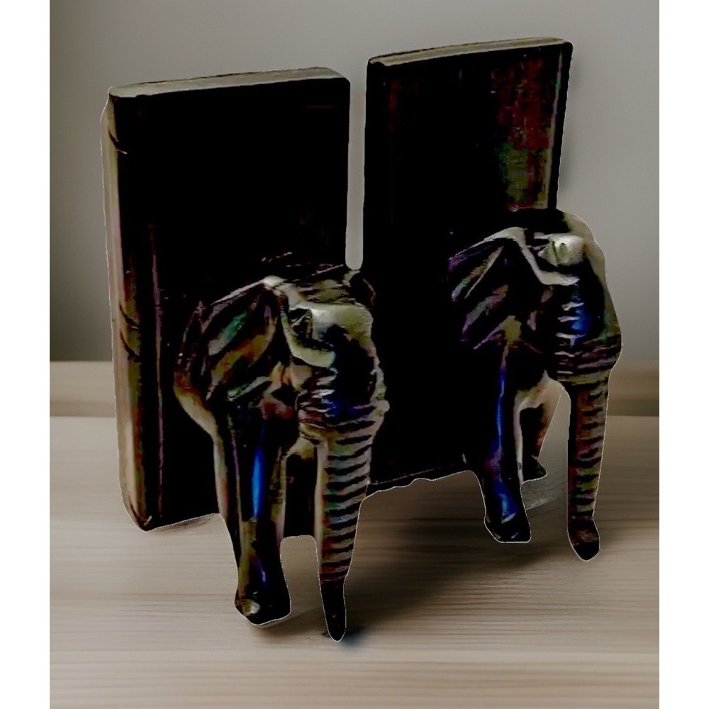 Vintage Hand Carved Ebony Wood Elephant Bookends Large 9" Heavy Deco Boho Chic